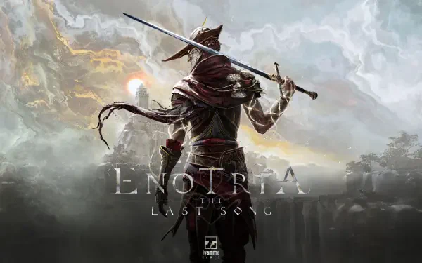 A striking 4K Ultra HD wallpaper from the video game Enotria: The Last Song, featuring a hooded figure holding a sword against a dramatic sky backdrop.