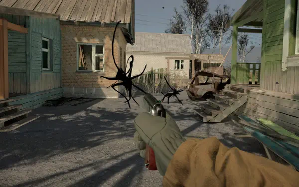 A gripping scene from the video game Into the Radius VR, showcasing a character holding a weapon against a backdrop of abandoned buildings and an old car, creating an atmospheric tension.