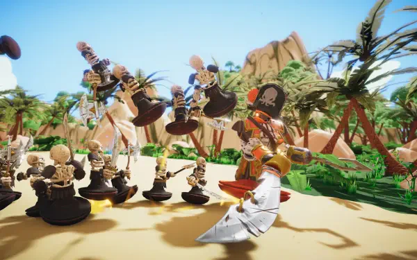 A vibrant HD wallpaper from the video game Toy Tactics, featuring whimsical characters engaged in action against a colorful tropical backdrop.