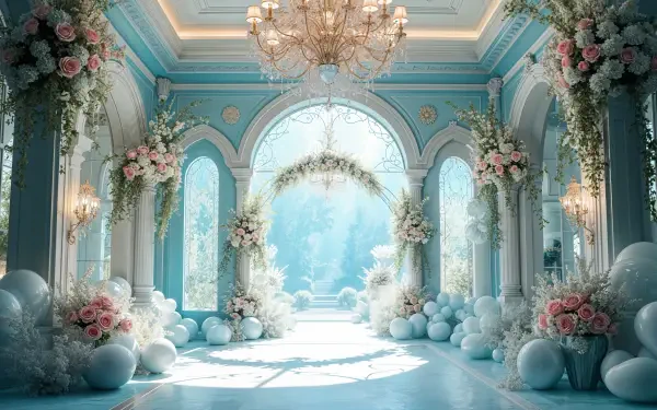 A stunning entrance to a beautifully decorated building, featuring elegant arches, floral arrangements, and balloons, set in a bright, inviting atmosphere. A captivating 4K Ultra HD desktop wallpaper.