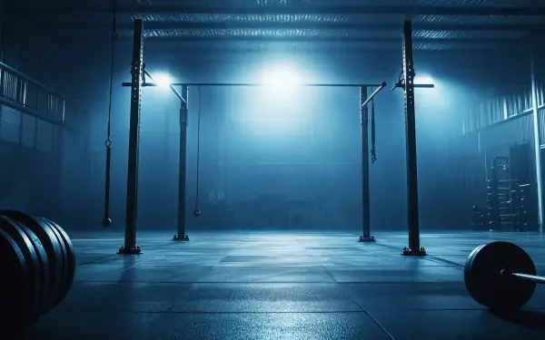 A dramatic CrossFit training space illuminated by overhead lights, featuring a pull-up rig and weights, captured in stunning 4K Ultra HD resolution.