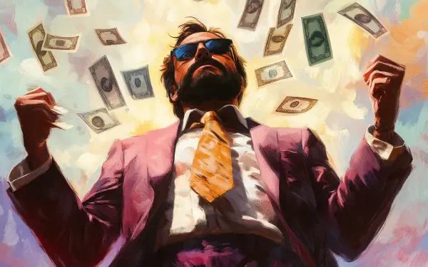 A confident businessman in sunglasses exudes success as money rains down around him, creating a vibrant backdrop in this striking 4K Ultra HD desktop wallpaper.