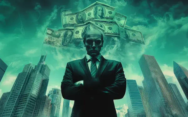 A corporate businessman stands confidently in front of towering skyscrapers, with floating dollar bills overhead, embodying themes of power and wealth in this 4K Ultra HD wallpaper.