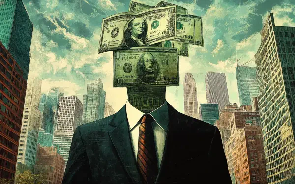 A surreal image of a suited figure with a head made of dollar bills, set against a city skyline. This artwork reflects themes of corporatism, money, and greed in a striking visual narrative.