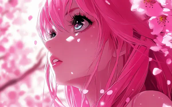 A vibrant anime girl with pink hair gazes upward, surrounded by delicate cherry blossom petals, creating a stunning 4K Ultra HD background for any desktop.