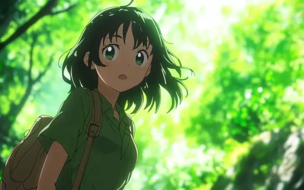 A vibrant green anime girl stands beneath a lush canopy, her expressive eyes reflecting wonder. This 4K Ultra HD image serves as an engaging desktop wallpaper and background.