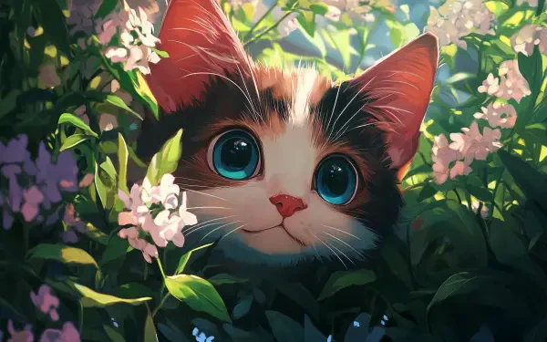 A cute anime cat with large blue eyes peeks through vibrant green leaves and pink flowers, creating a charming and colorful 4K Ultra HD wallpaper.