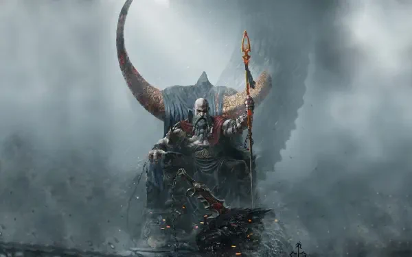 Kratos from God of War: Ragnarök sits on a grand throne, wielding a spear, surrounded by a dramatic, misty landscape. This HD wallpaper captures the game's epic atmosphere.