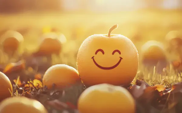 A cheerful, smiling apple stands out among a field of yellow apples, basking in warm sunlight. This vibrant 4K Ultra HD image captures a joyful, happy scene.