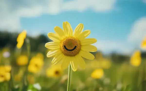 A bright yellow flower with a smiling face stands tall against a clear blue sky, surrounded by other yellow blooms, showcasing a joyful and uplifting scene in 4K Ultra HD quality.