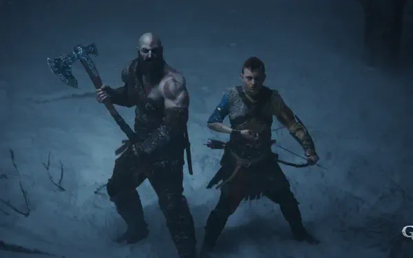 A high-definition desktop wallpaper from the video game *God of War: Ragnarök*, featuring Kratos wielding an axe alongside Atreus, set in a snowy landscape.