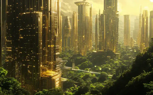 A vibrant sci-fi city with towering golden skyscrapers surrounded by lush greenery, set against a dramatic sky. This stunning 4K Ultra HD wallpaper captures a futuristic urban landscape.