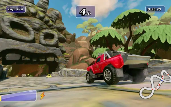 A vibrant HD wallpaper from the video game Matchbox Driving Adventures, featuring a red truck racing against a colorful backdrop of trees and rock formations.