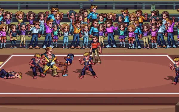 Colorful HD wallpaper from The Karate Kid: Street Rumble, showcasing a dynamic martial arts scene with characters engaged in action, surrounded by an enthusiastic crowd.