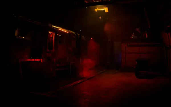 Dark, atmospheric scene from the video game Zoochosis, featuring moody red lighting and shadows, designed as an HD PC desktop wallpaper and background.