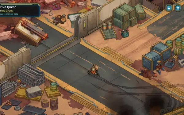 A vibrant HD desktop wallpaper from the video game Dark Sky (2024), depicting a character navigating a cluttered, futuristic environment filled with debris and crates.