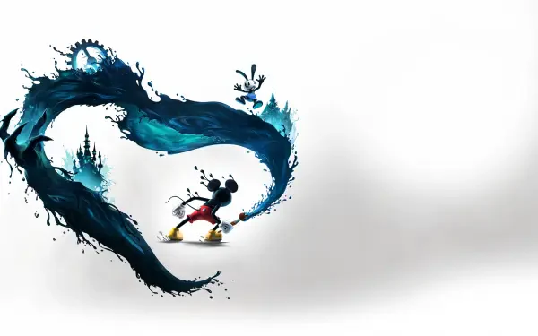 A vibrant HD wallpaper featuring characters from Disney's Epic Mickey: Rebrushed, showcasing Mickey Mouse creating a colorful wave of paint against a whimsical backdrop.