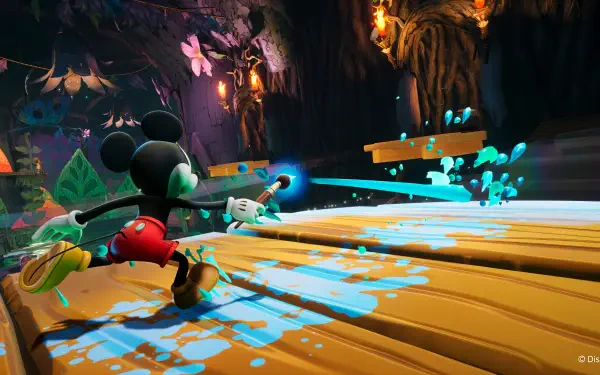 A vibrant 4K Ultra HD wallpaper featuring Mickey Mouse from Disney Epic Mickey: Rebrushed, wielding a paintbrush amidst a colorful and whimsical environment.