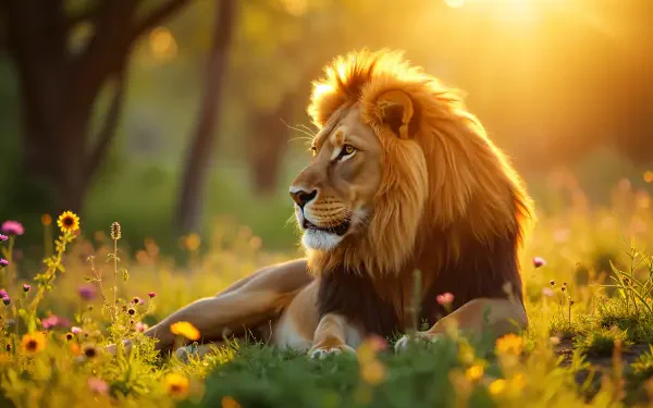 A majestic lion rests in a vibrant meadow, bathed in warm golden light, showcasing its magnificent mane in this stunning 4K Ultra HD desktop wallpaper.