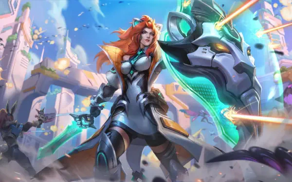 Vibrant 8K Ultra HD wallpaper featuring Leona from League of Legends, showcasing her in dynamic action with futuristic elements and effects in a captivating game setting.