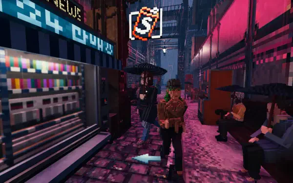 A scene from the video game *Shadows of Doubt*, featuring characters in a vibrant, rainy city street with neon lights and umbrellas, creating a moody atmosphere. 