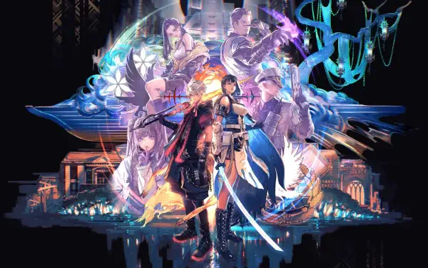 A dynamic HD wallpaper from the video game Reynatis, featuring vibrant characters and action-packed scenes, set against a captivating colorful background.