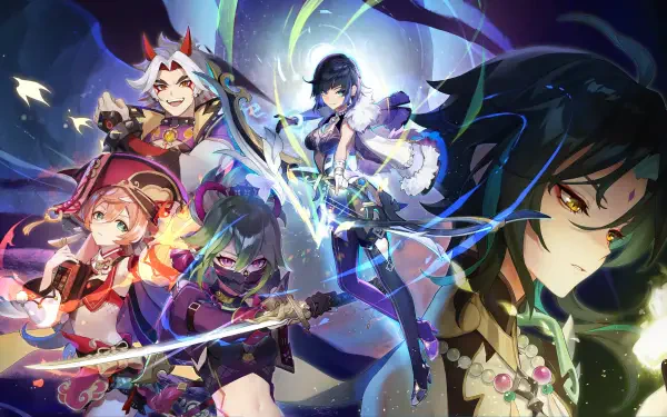 Genshin Impact characters Yanfei, Arataki Itto, Xiao, and Yelan are depicted in a vibrant, dynamic 4K Ultra HD wallpaper showcasing their unique styles and abilities.