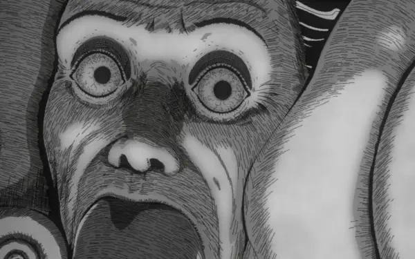 HD PC desktop wallpaper from the anime Uzumaki: Spiral Into Horror, featuring a close-up of a terrifying, wide-eyed face in detailed black and white art.