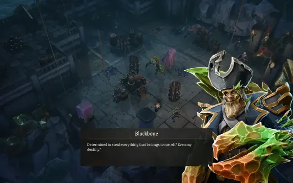 A vibrant HD wallpaper from the video game Rogue Waters, featuring a character with a striking design against a dark, intricate background of a battle scene.