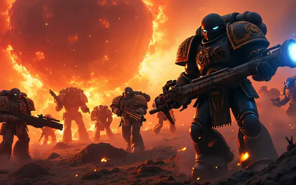 A 4K Ultra HD Warhammer 40k sci-fi battle scene featuring Space Marines armed and advancing under a fiery red sky, designed as a video game desktop wallpaper.