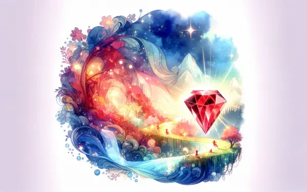 A vibrant 4K Ultra HD wallpaper featuring a large ruby gemstone set against a colorful, dreamy landscape with swirling patterns and sparkling elements.