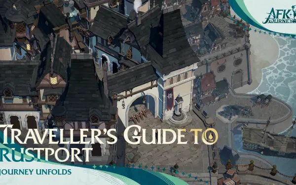 A vibrant HD wallpaper for AFK Journey, showcasing a detailed aerial view of Rustport with charming buildings and coastal elements, inviting players to explore the animated world.