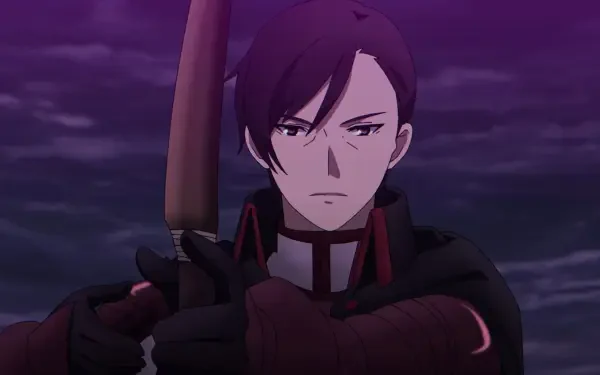 Anime HD wallpaper from The Strongest Magician in the Demon Lord's Army was a Human, featuring a determined character wielding a weapon against a dark, stormy backdrop.