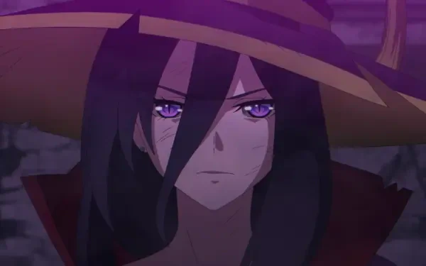 An HD desktop wallpaper featuring a character from The Strongest Magician in the Demon Lord's Army was a Human, showcasing a mysterious figure with long dark hair and piercing eyes.