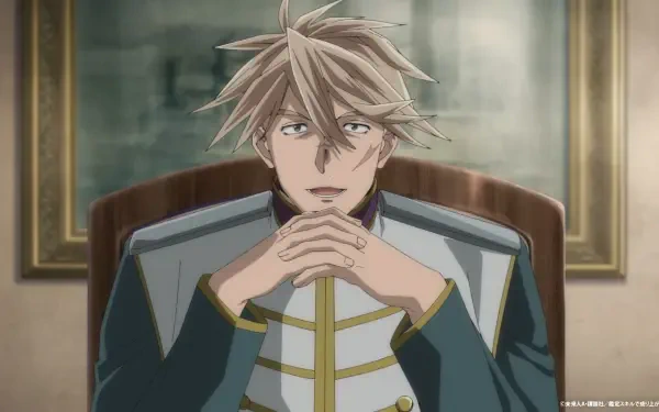 Anime wallpaper from As a Reincarnated Aristocrat I’ll Use My Appraisal Skill to Rise in the World, featuring a character in elegant attire, deep in thought with hands clasped.