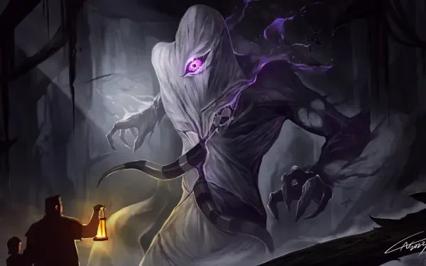 HD PC desktop wallpaper featuring a dark, shadowy creature with a glowing purple eye facing a figure holding a lantern, inspired by Ben 10 and its series iterations.