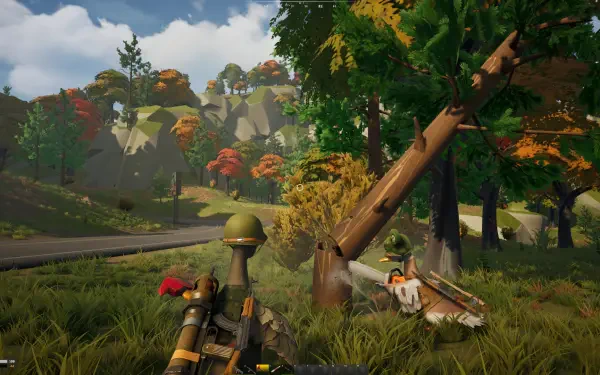 A vibrant HD wallpaper from the video game DUCKSIDE, featuring a colorful landscape with trees in autumn hues and a character near a fallen log, set against a scenic background.