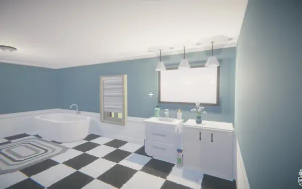 A modern bathroom interior featuring a bathtub, sink, and stylish lighting, set against a blue wall and black-and-white checkered floor. The image captures a scene from a video game about moving houses.
