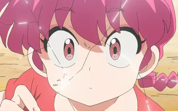 HD anime desktop wallpaper featuring a close-up of a surprised Ranma ½ character with pink hair and sparkling eyes.