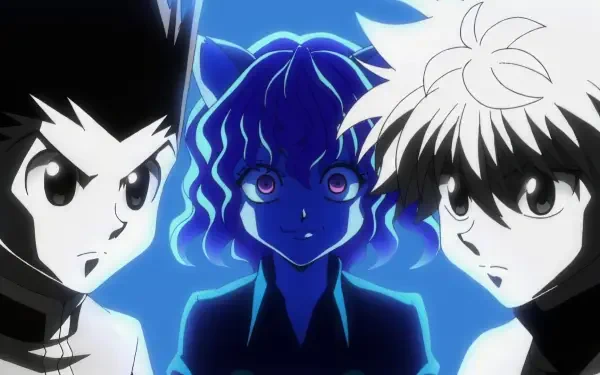 HD anime wallpaper featuring Gon Freecss, Killua Zoldyck, and Neferpitou from Hunter x Hunter with a dramatic blue-toned background.