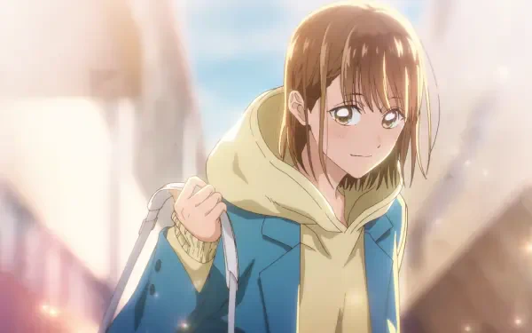 HD PC desktop wallpaper of Chinatsu Kano (Blue Box), smiling in a blue coat over a yellow hoodie, bathed in warm sunlight with a softly blurred urban street background.