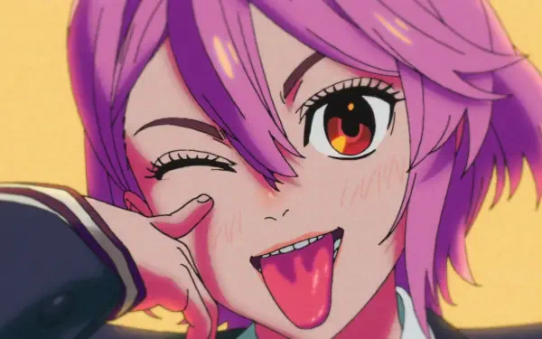 Close-up HD anime desktop wallpaper of Aira Shiratori from Dandadan, featuring her winking with a playful expression and sticking out her tongue.