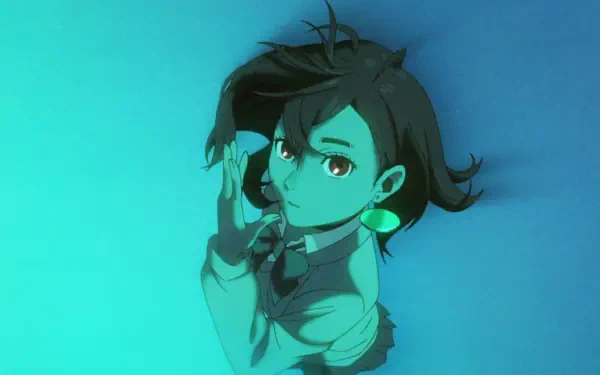 HD PC desktop wallpaper featuring Momo Ayase from the anime Dandadan, depicted with a teal color tone and expressive pose against a gradient background.