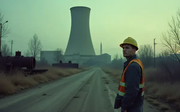 A worker in a hard hat stands on a desolate road, with a large nuclear cooling tower in the background. The image captures an atmospheric nuclear-themed setting in 4K Ultra HD.