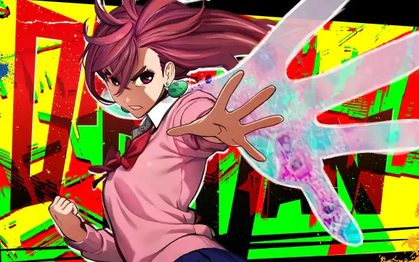Vibrant 4K Ultra HD anime wallpaper featuring Momo Ayase from Dandadan, dynamically posed with an extended hand glowing in colorful energy against a bold, abstract background.