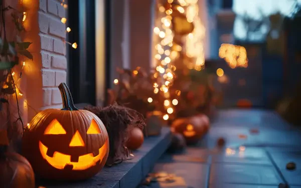 A glowing jack-o'-lantern with a cheerful face sits on a stone walkway, surrounded by Halloween decorations and warm lights, creating a festive autumn atmosphere. 4K Ultra HD wallpaper.