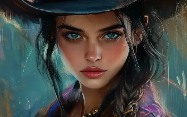 A striking cowgirl portrait featuring a young woman with captivating blue eyes, set against a vibrant, artistic background. This 4K Ultra HD wallpaper adds depth to any desktop.