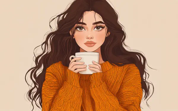 A woman with long, wavy hair wears a cozy orange sweater while holding a cup, set against a soft beige background. This 4K Ultra HD image captures a warm, inviting atmosphere.