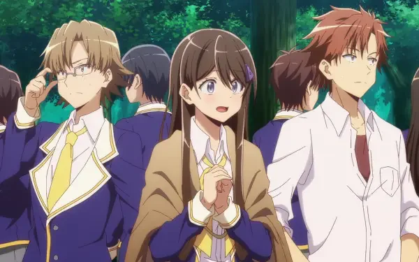 A vibrant HD wallpaper from Loner Life in Another World featuring characters in stylish outfits, set against a lush green forest backdrop, evoking a sense of adventure and camaraderie.