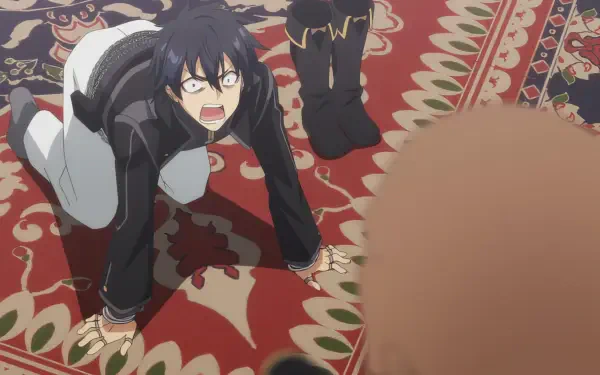 An expressive anime character from Let This Grieving Soul Retire! crawls on a decorated rug, displaying intense emotions, creating a captivating HD desktop wallpaper.